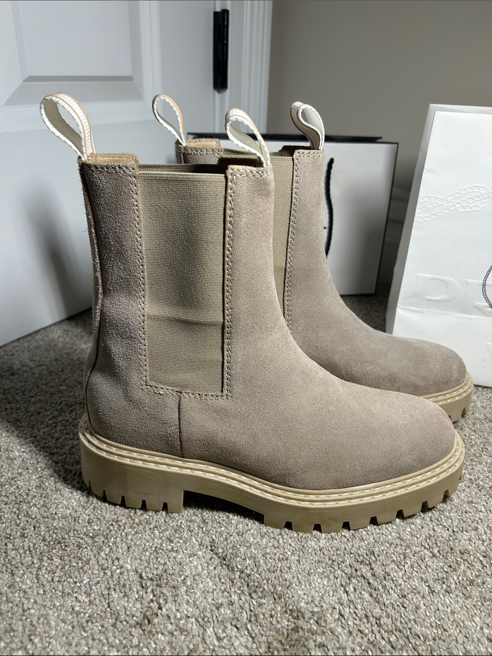 CHANEL Taupe Suede Chelsea Lug Booties